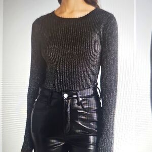 NWT ICHI Metallic Crossback Long Sleeved Ribbed Knit Metallic Black Top XL